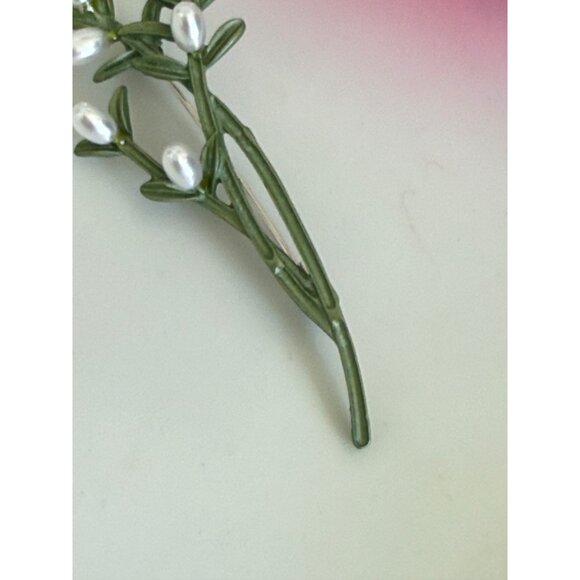 Vintage 60's Green Enamel Faux Pearl Spray Brooch Pin - Picture 5 of 9